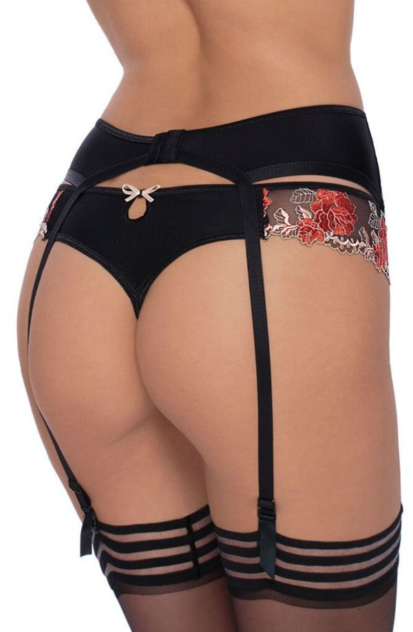 elegant black thong with floral embroidery.