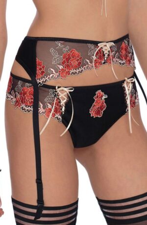 Elegant black thong with floral embroidery
