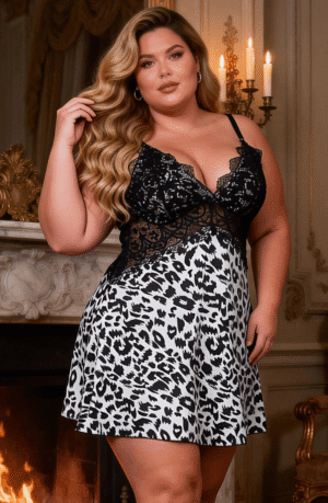 YesX Plus Size Black Lace & Leopard Print Chemise Nightdress