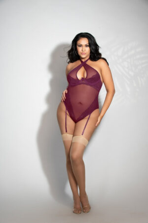 STM11295X Wine Lace & Mesh Teddy With Removable Shoulder Straps And Thong Back
