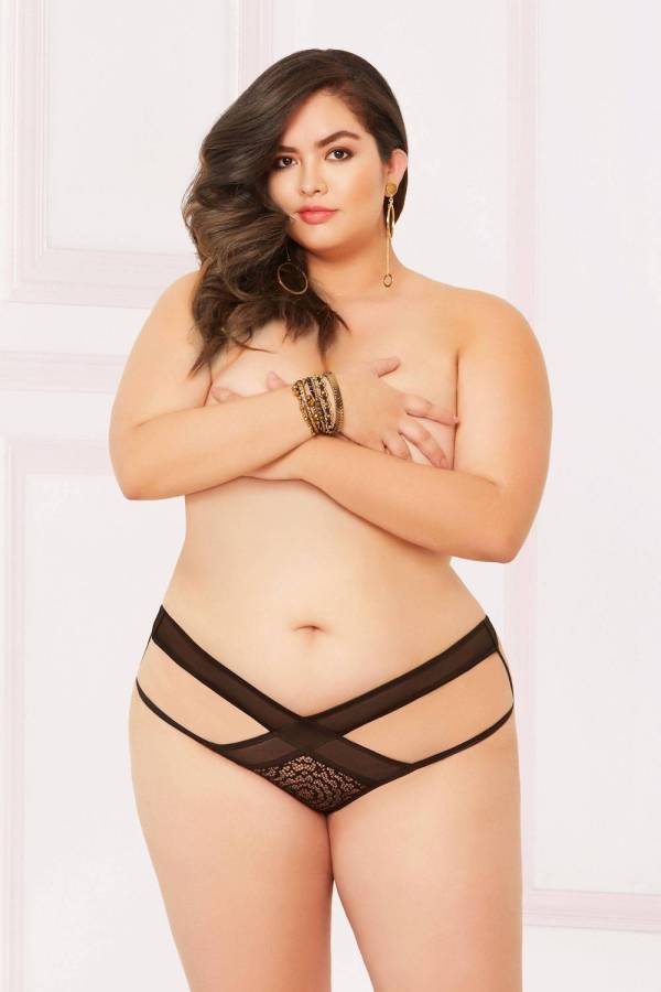stm10901x black lace and mesh open crotch panty with criss-cross detail - image 2