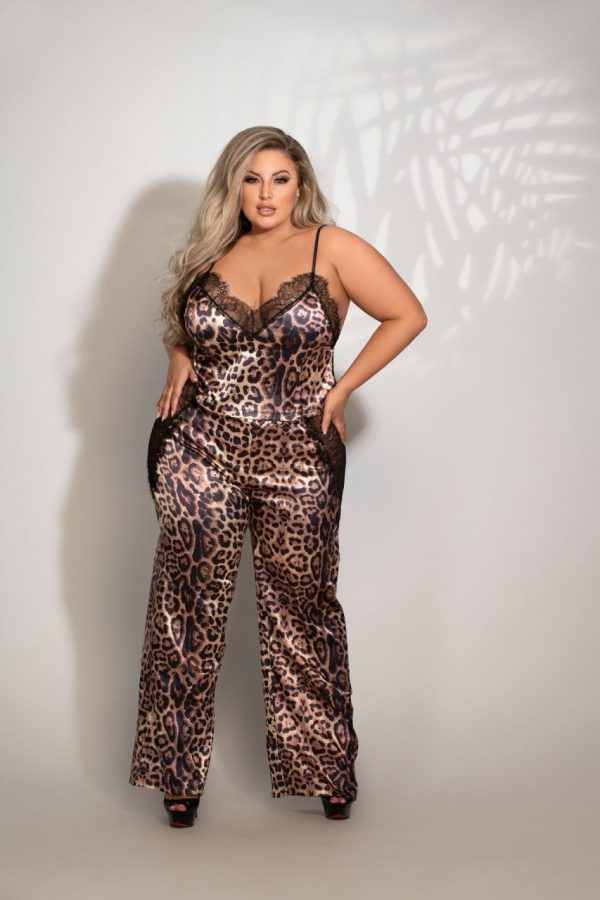 stm11299x leopard two piece leopard print satin & lace cami and pant set - image 2